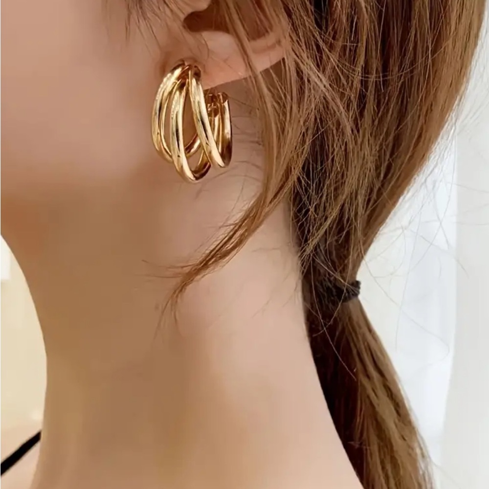 Gold Tone Three-layer Design Hoop Earrings - Picture 1 of 4